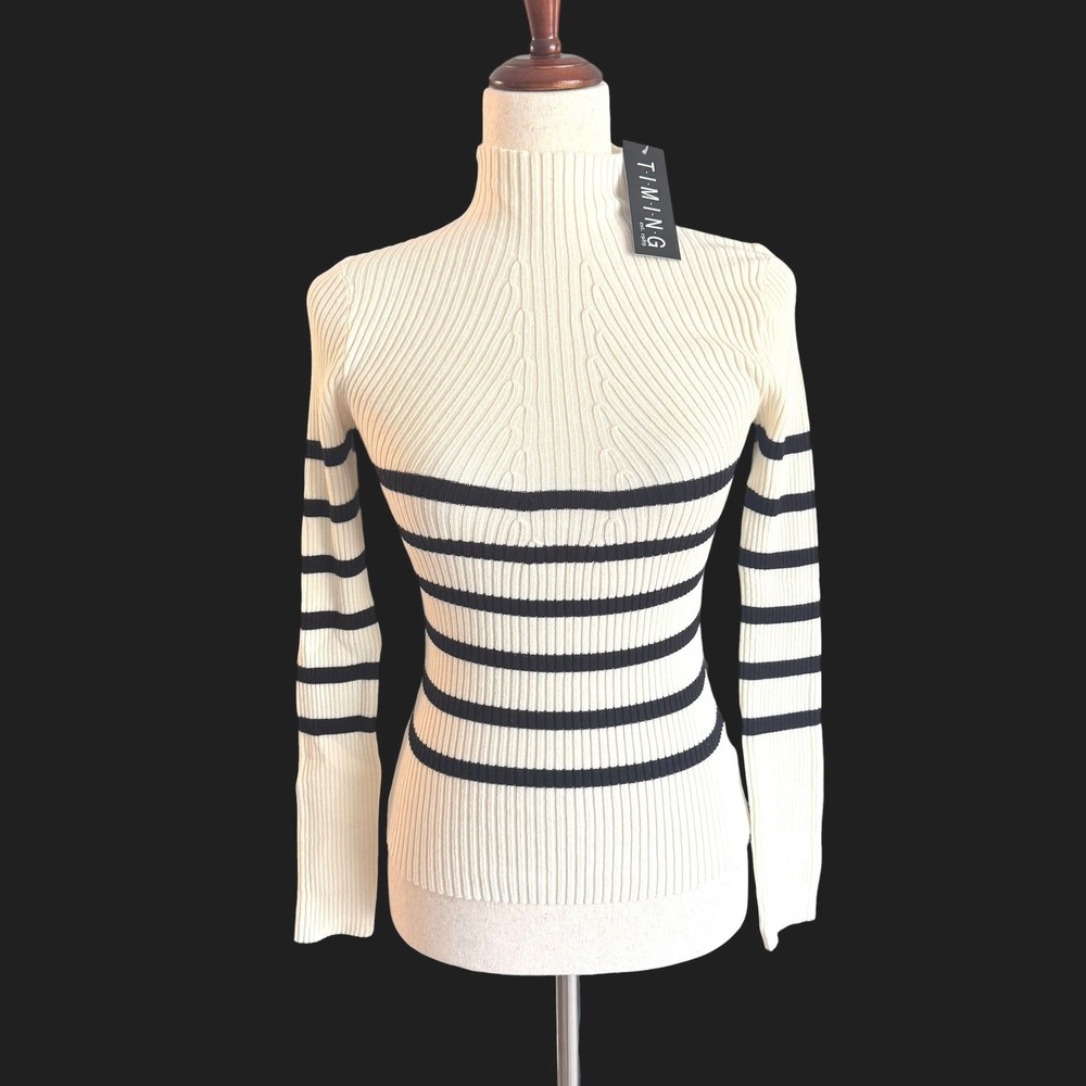 Timing Womens Striped Ribbed Mock Neck Turtleneck top Cream Small NWT preppy